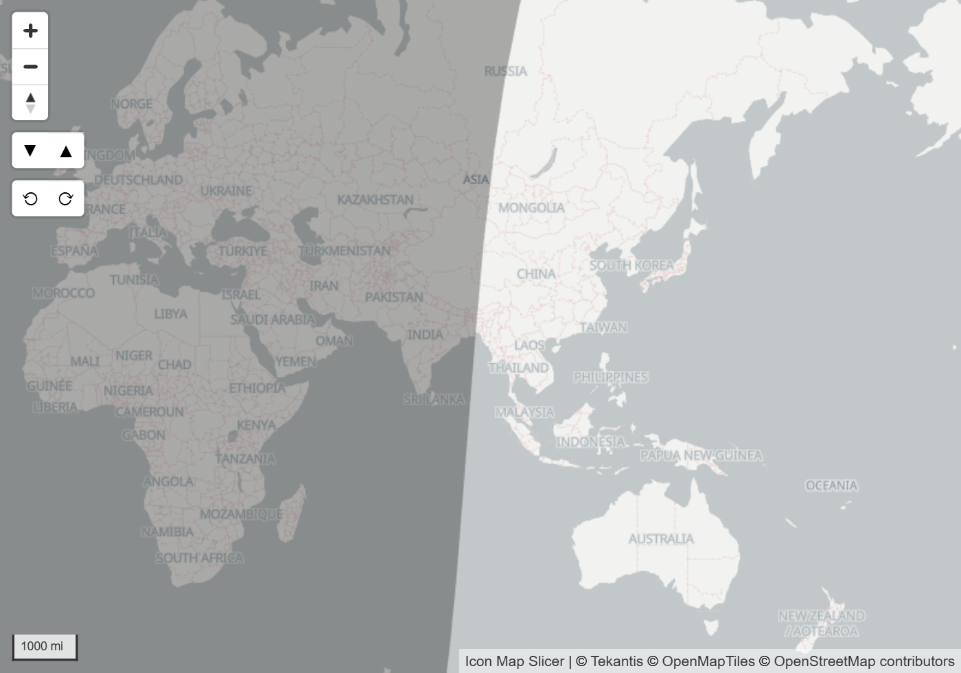A world map with the night side shaded, the edge between day and night crossing the map