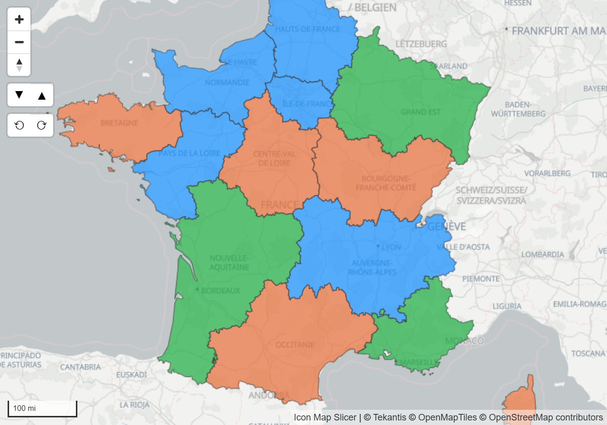 A file layer with polygons colored by a category property, one color per region type