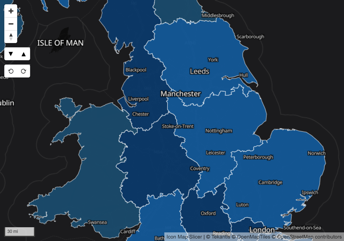 Map labels in the Custom style with white text and a dark halo over a dark choropleth