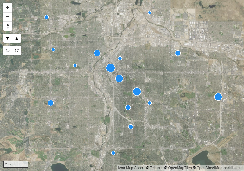 An aerial imagery tile layer drawn semi-transparent over the basemap, with circles from the report's data on top
