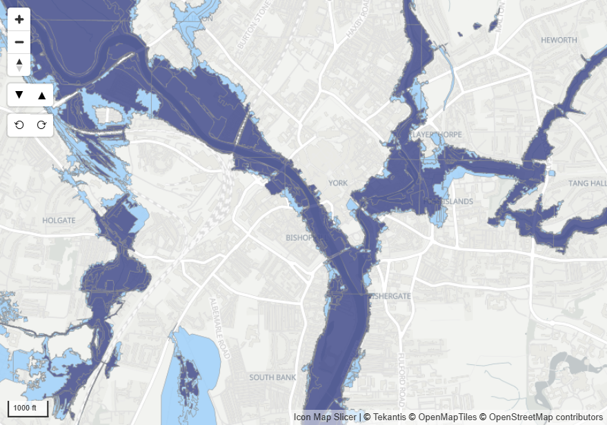 A WMS layer of flood zones drawn over the basemap