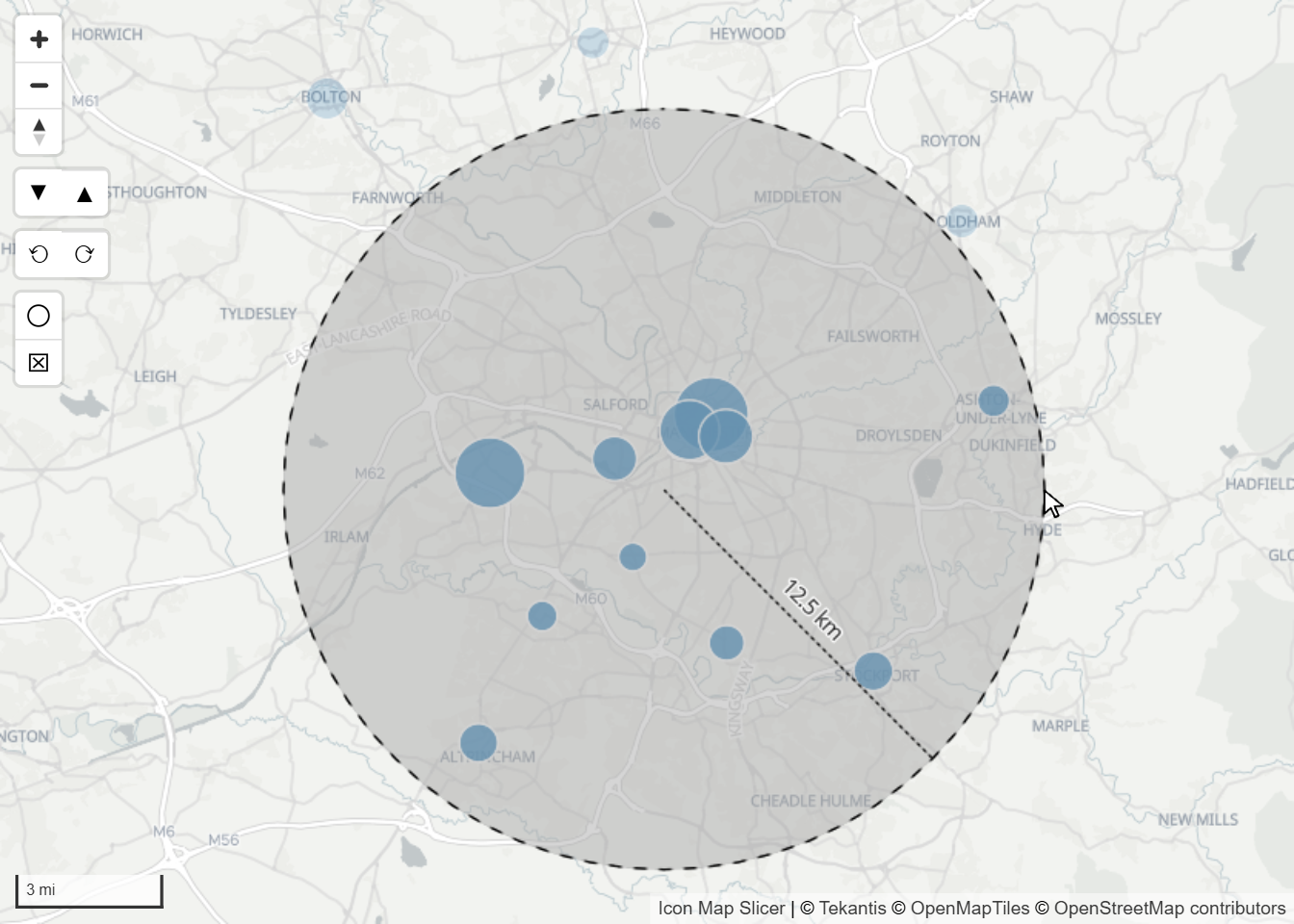 A circle dragged out from a point on the map, with its radius shown as 12.5 km, and the circles inside it selected