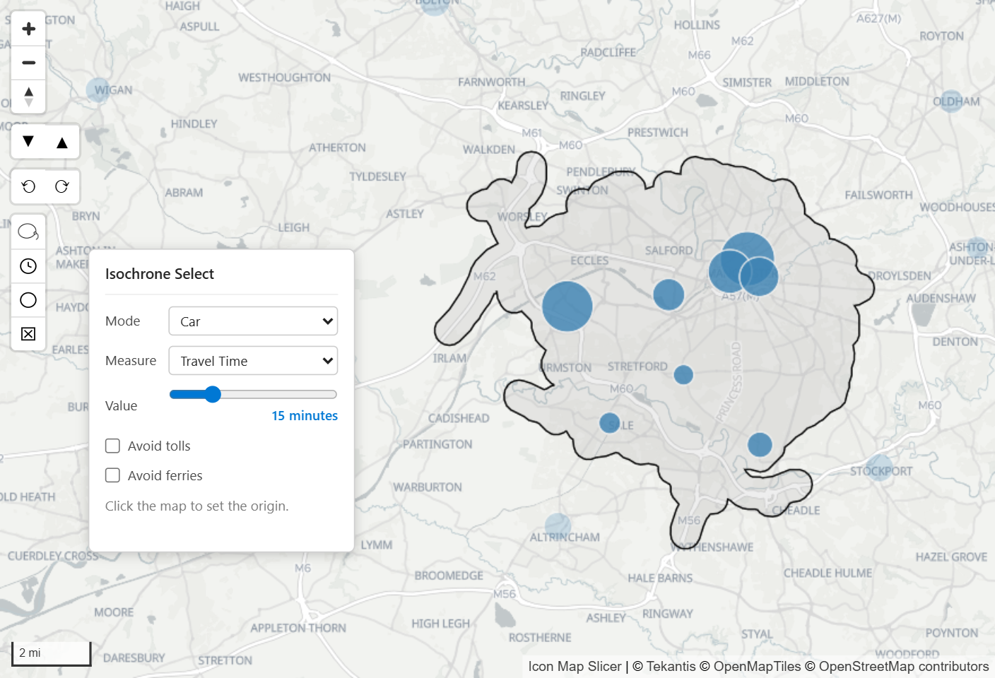 The travel time panel open beside the map, with the reachable area drawn around a clicked point and the circles inside it selected