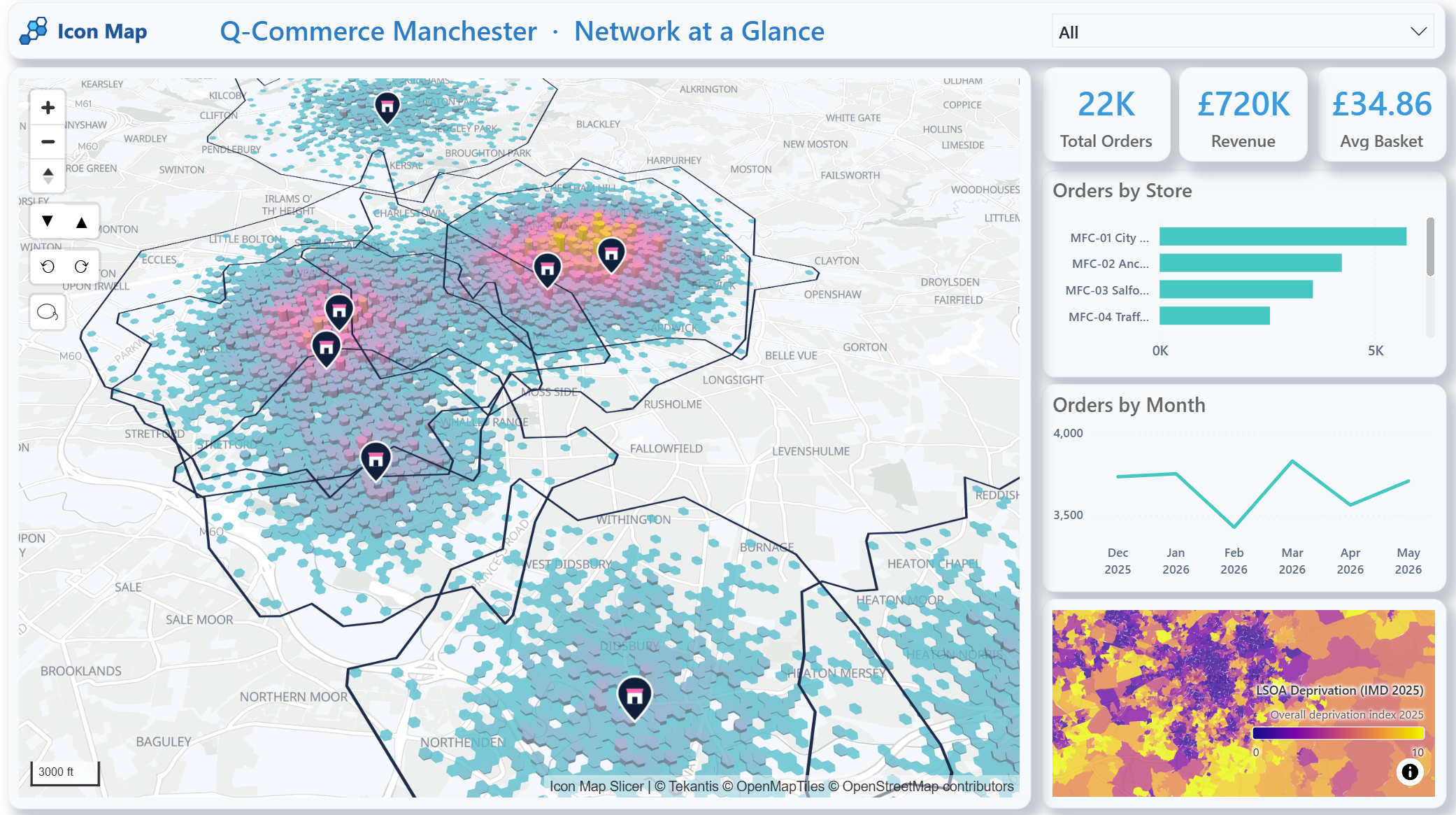 Network at a glance: stores, delivery catchments and order-demand density shown with KPIs, store performance, monthly order trends and neighbourhood context.